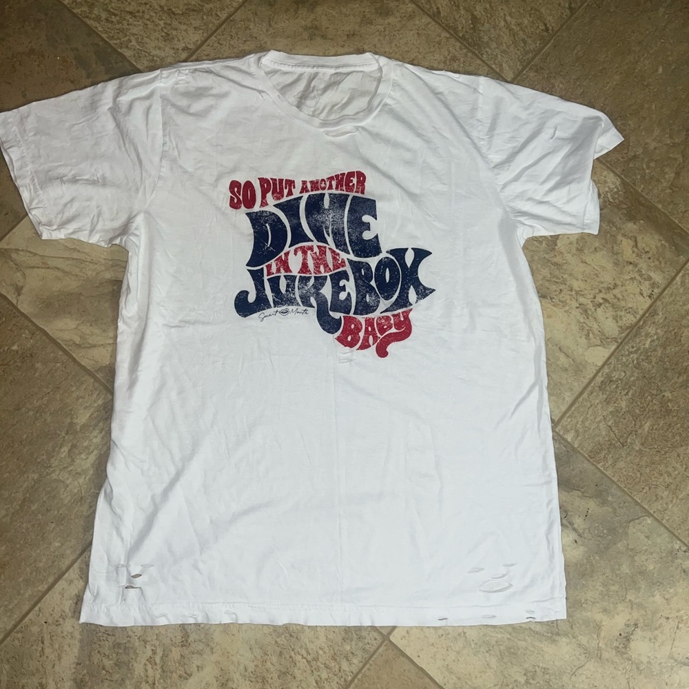 Retro White Graphic Tee with Blue and Red Print